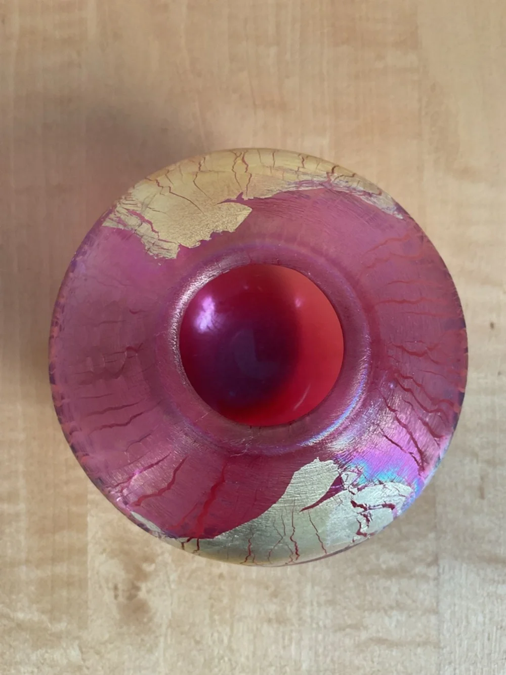 Robert Eickholt 1991 Signed Art Glass Vase Ruby Red Gold Leaf